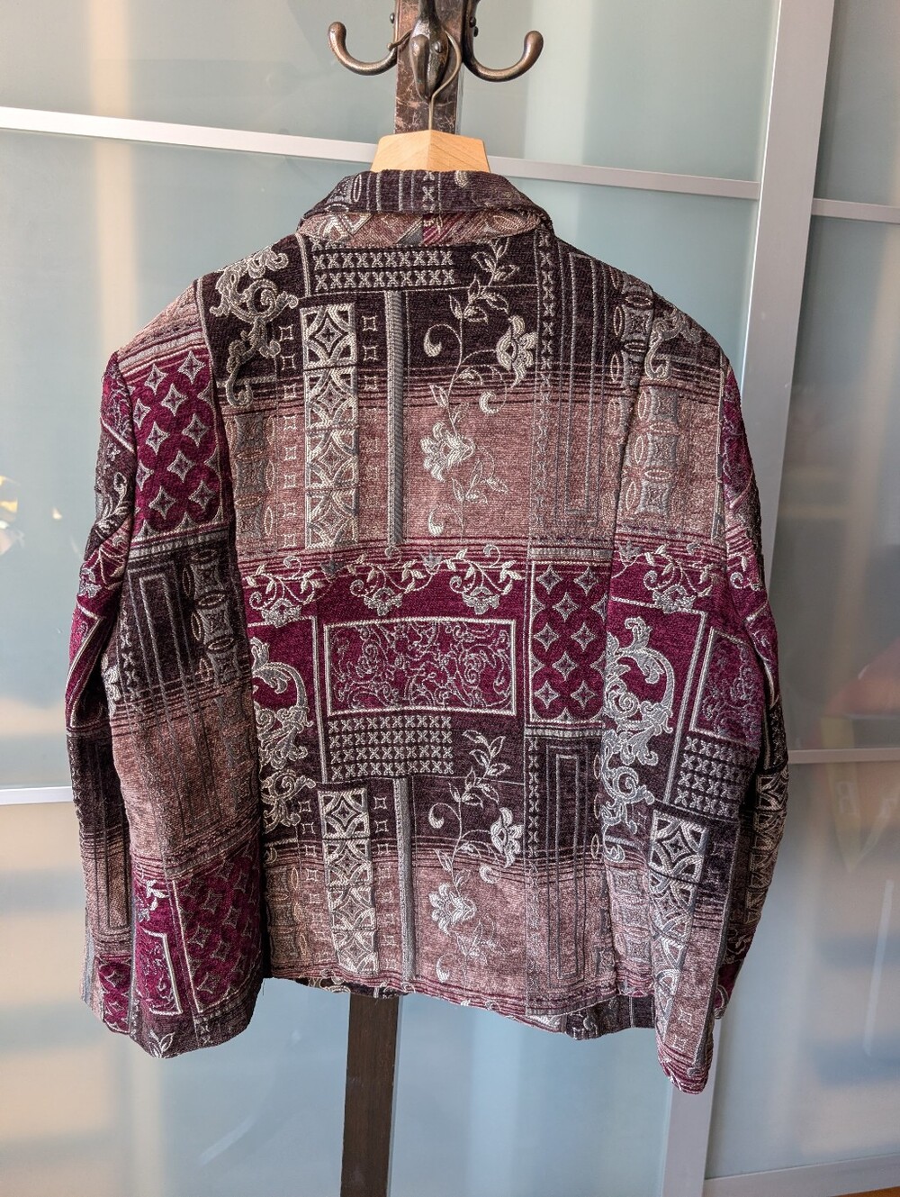 Vintage-Inspired Patchwork Velvet Jacket - Burgundy Multi - XL - Picture 3 of 12